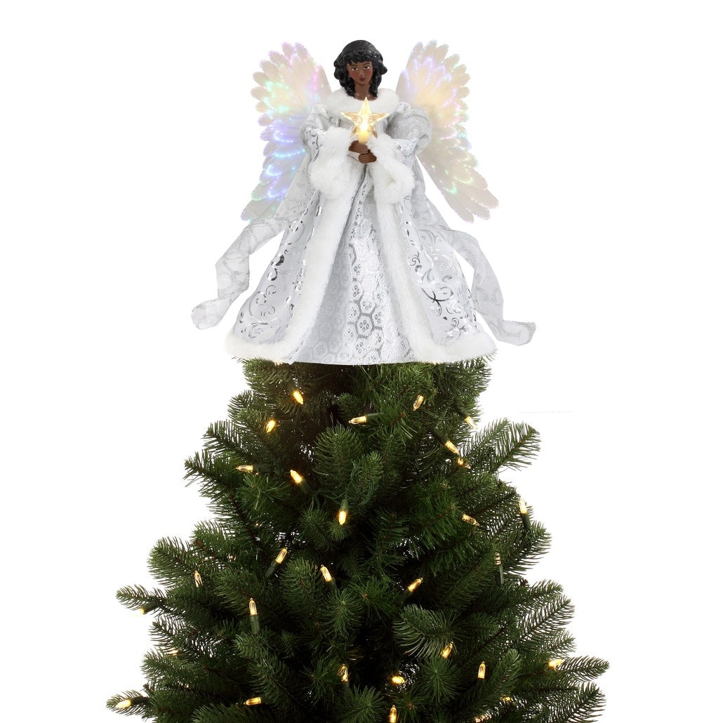 Black ceramic angel tree topper with animated wings illuminated by color-changing fiber optic lights.
