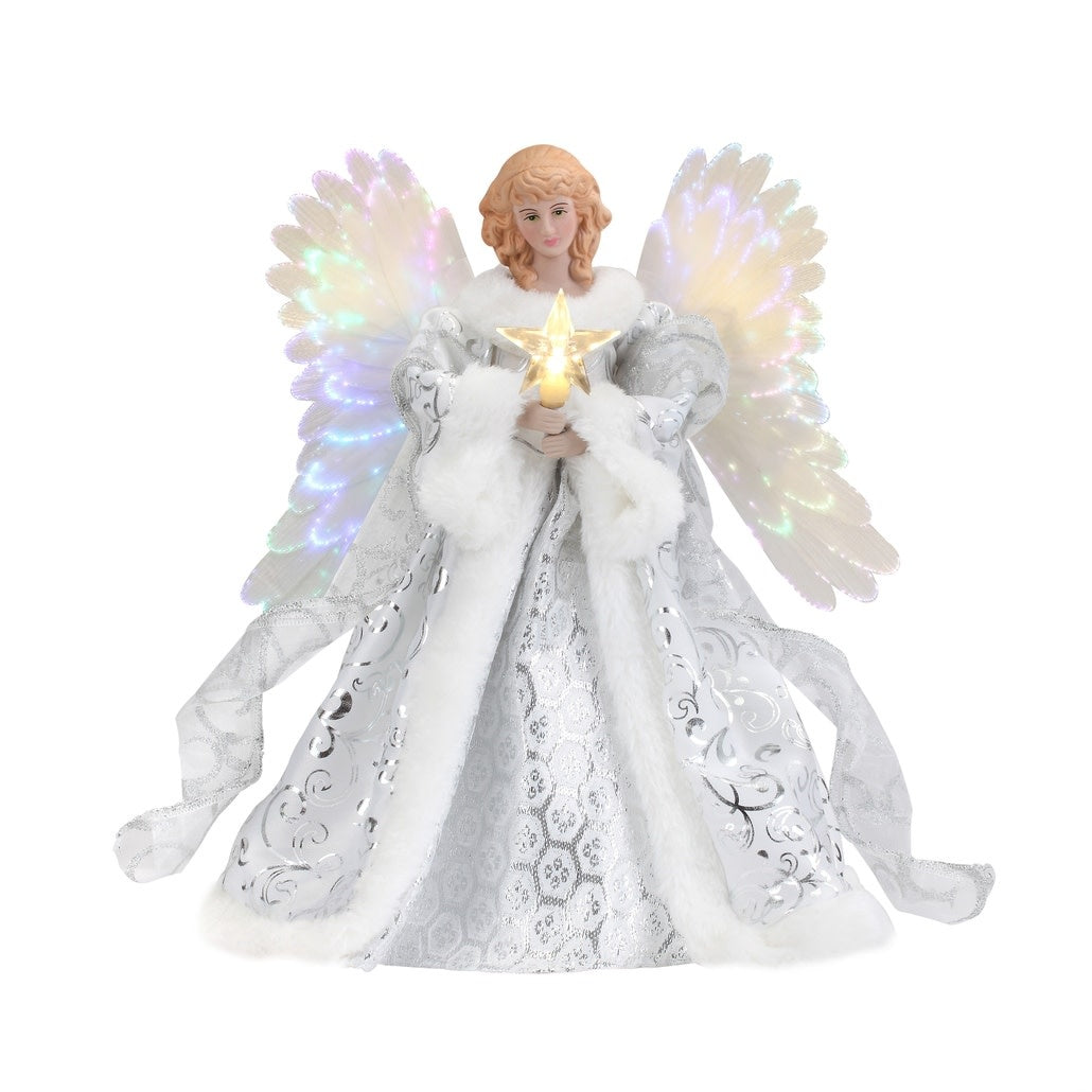 White ceramic angel tree topper with animated wings illuminated by fiber optic lights.