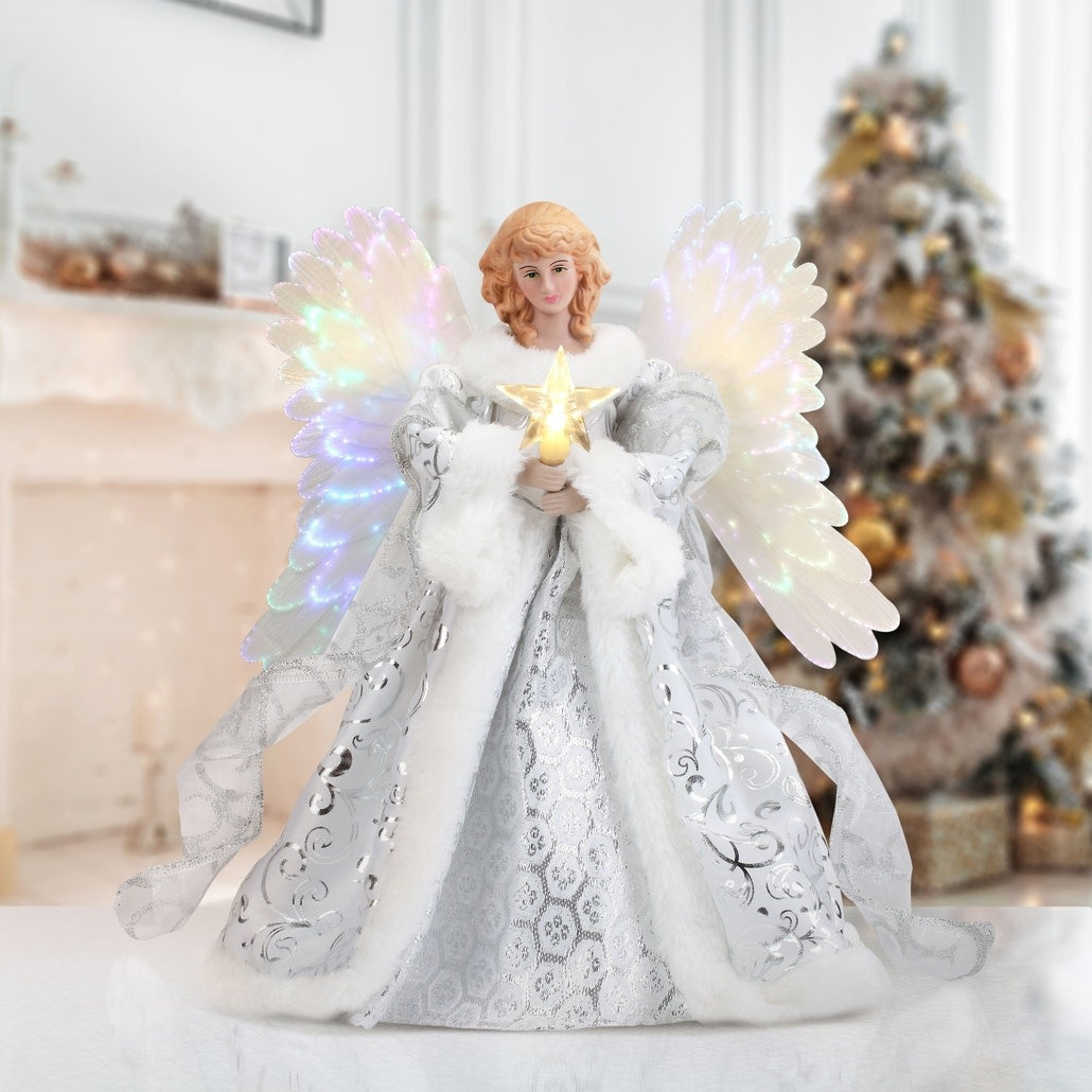 White ceramic angel tree topper with animated wings illuminated by color-changing fiber optic lights.