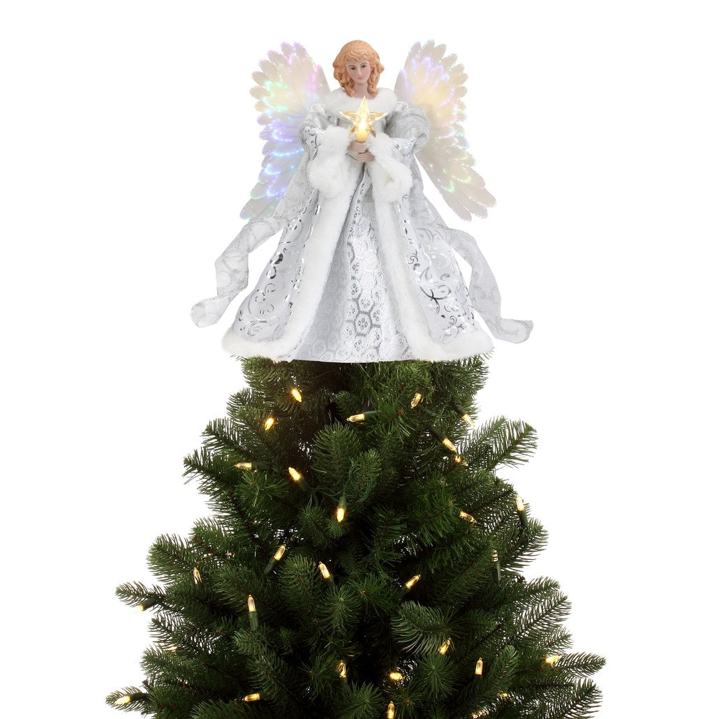 White ceramic angel tree topper with animated wings illuminated by color-changing fiber optic lights and fabric outfit.