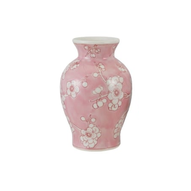 Hand-painted pink stoneware vase with white cherry blossom branch pattern.