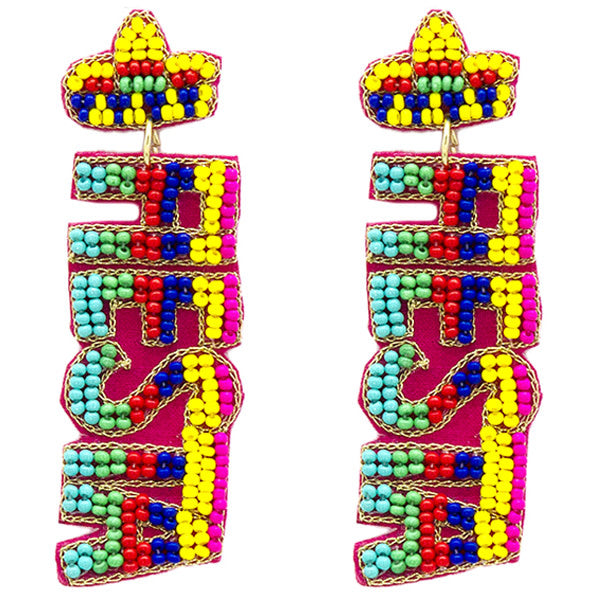 Gold-tone beaded Cinco de Mayo earrings with festive red, white, and green star pattern.