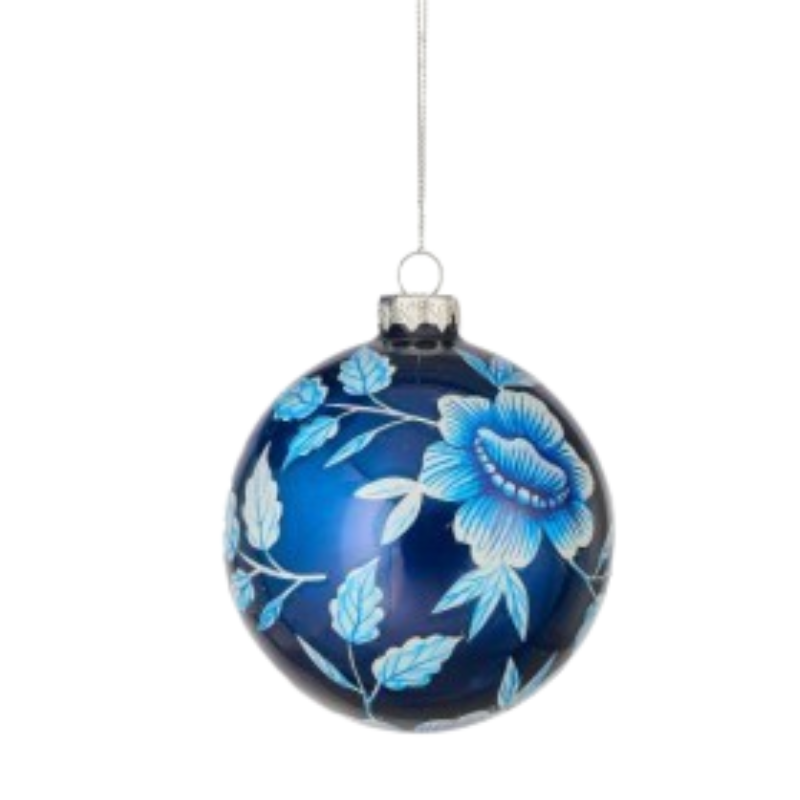 Blue glass ball ornament with a hand-painted light blue floral and leaf pattern.