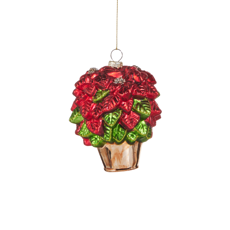 4-inch glass Christmas ornament featuring a red poinsettia plant in a gold pot with green leaves.