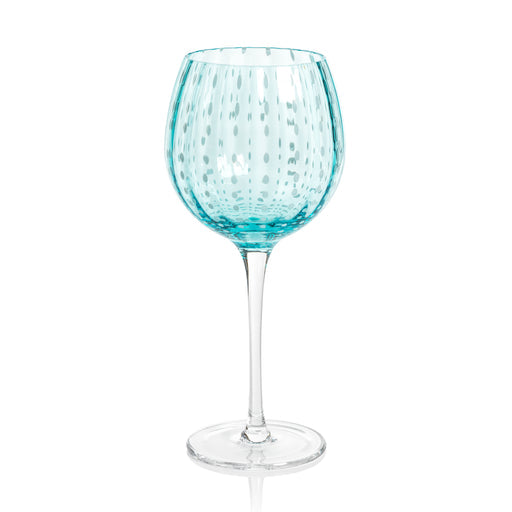 Portofino white dot wine glass in aqua blue with a dotted pattern