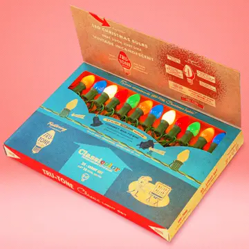 Tru-Tone vintage style LED Christmas light set in a retro-themed display box with colorful bulbs.