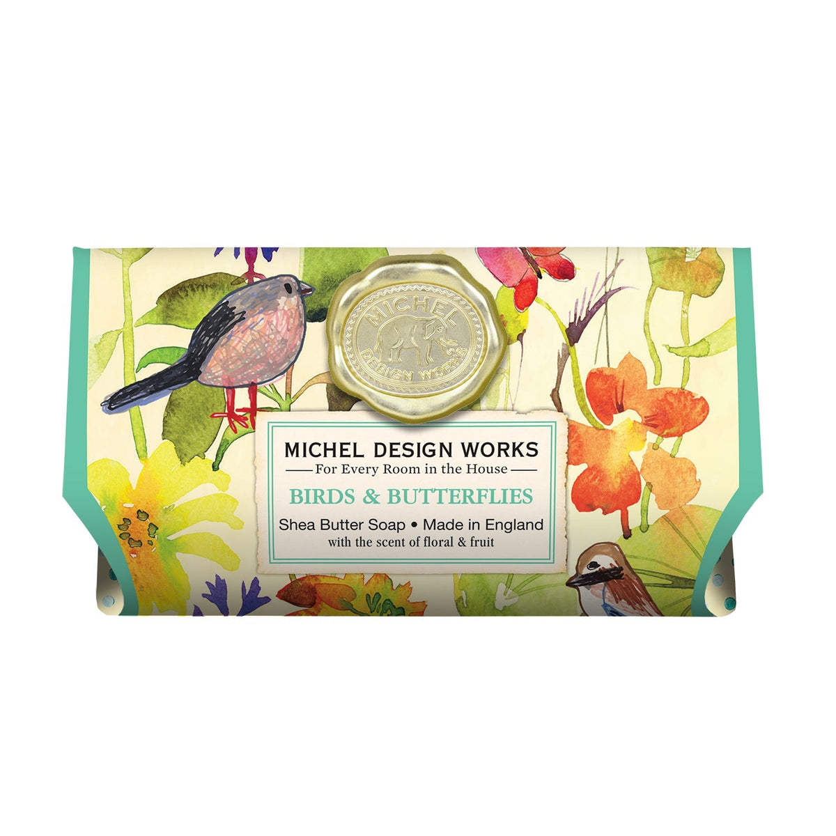 Michel Design Works Birds & Butterflies shea butter soap bar in floral and bird patterned packaging.