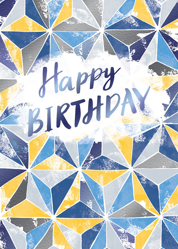 Birthday card with geometric yellow and blue star pattern featuring textured foil accents.