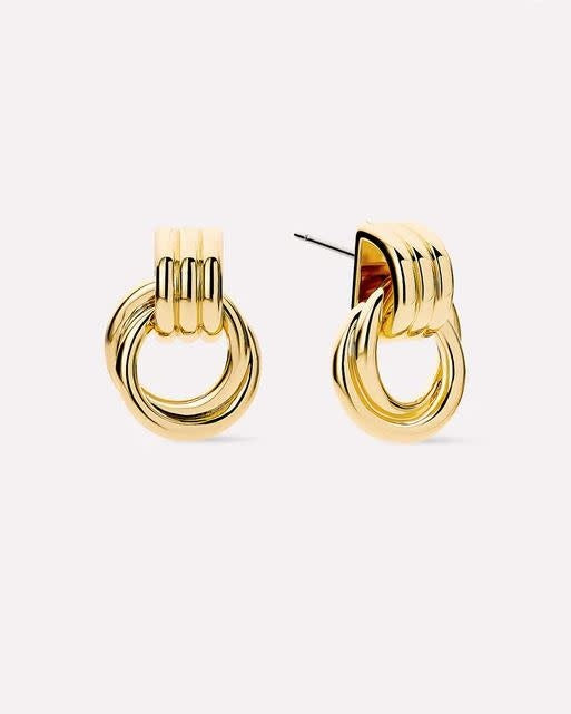 Chunky statement earrings in gold-plated brass with multiple rings on a stainless steel post.