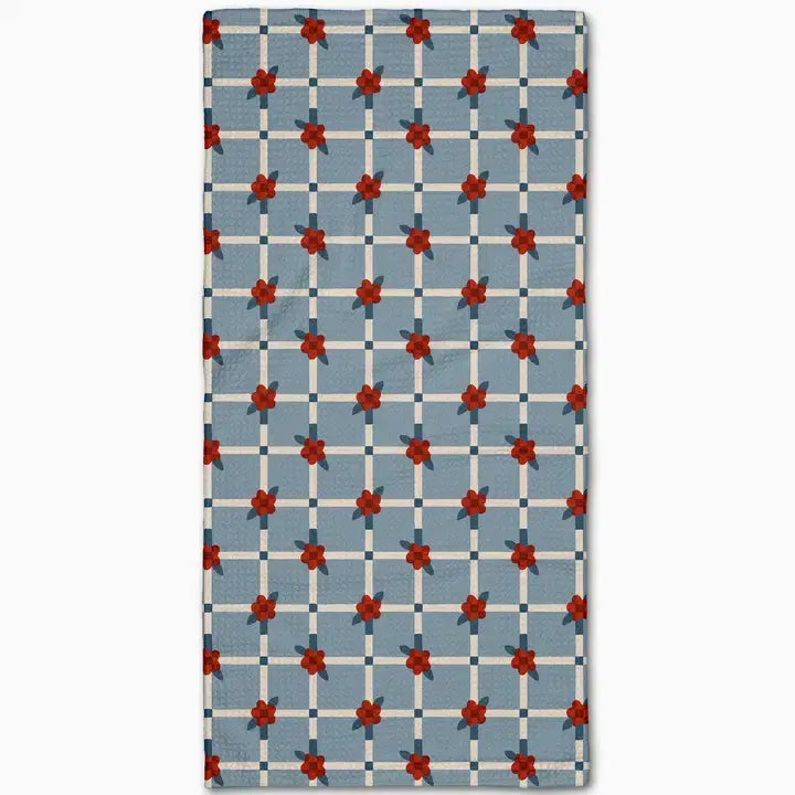 Floral Parade grid bar towel in white with colorful floral print pattern
