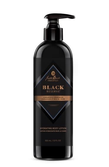 Black Reserve Hydrating Body Lotion in a black bottle with white text.