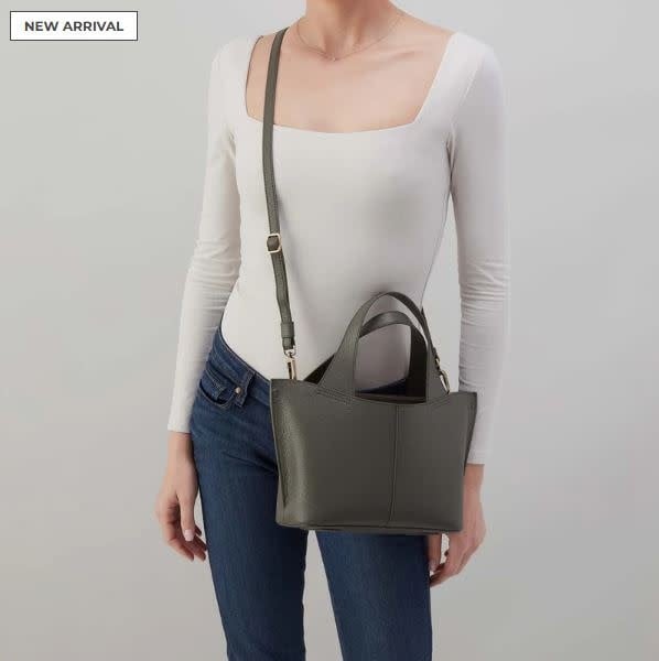 Vida small tote bag in biscuit leather with brushed antique brass hardware.