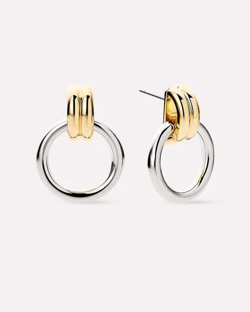 Quinn Statement Earrings: mixed-metal rings in rhodium silver and 14k gold on stainless steel posts.