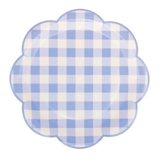 Twelve blue gingham scalloped round paper plates measuring 9.25 inches.