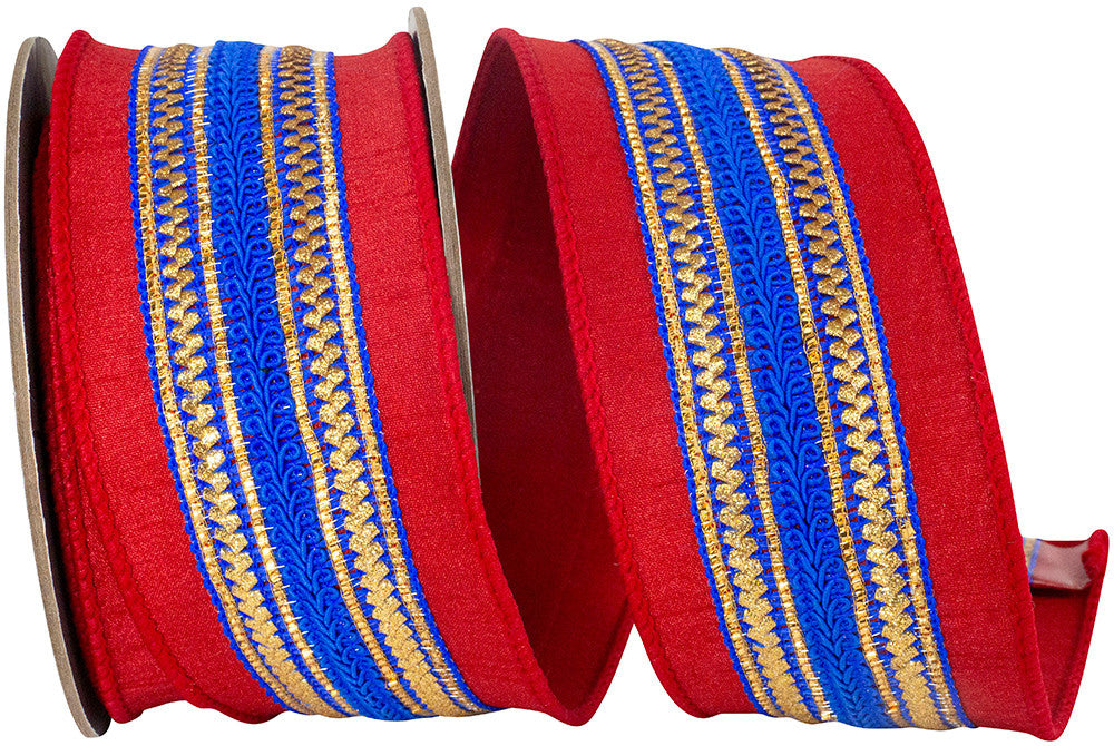 2.5 Inch Regal Stripe Red Trimming Dupioni Deluxe Wired Edge Ribbon - Red/Blue