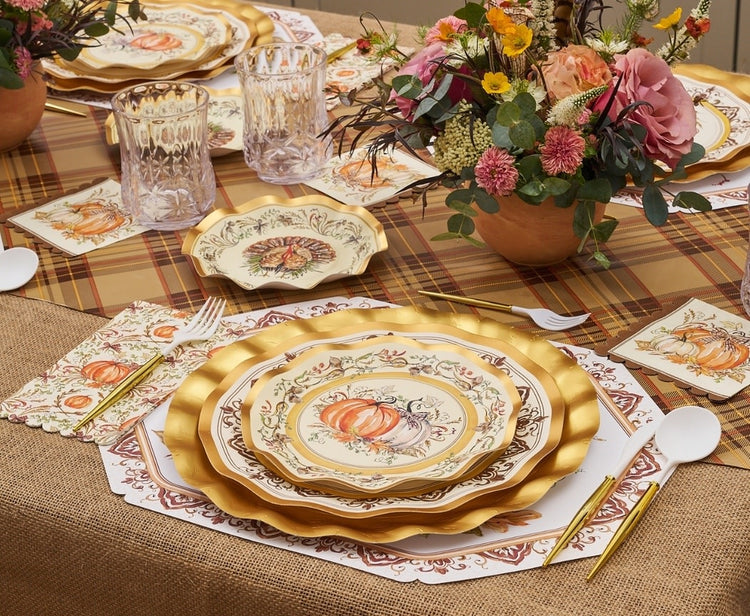 8-inch round paper salad plate with wavy edge, gold foil trim, central pumpkin illustration in Turkey & Gourds collection.