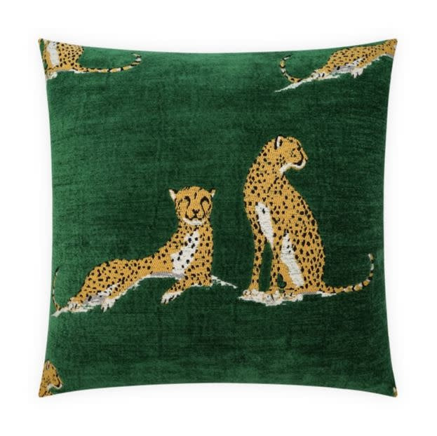 Emerald green polyester cotton pillow with large cheetah embroidery pattern.
