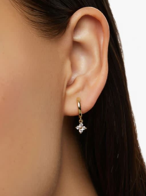 Gold huggie hoop earrings with star-studded cubic zirconia celestial pattern on stainless steel post