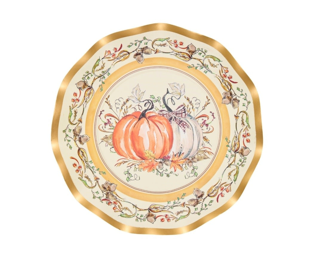 8-inch round disposable paper salad plate with wavy edge, gold foil trim, and central pumpkin illustration in Turkey & Gourds collection.