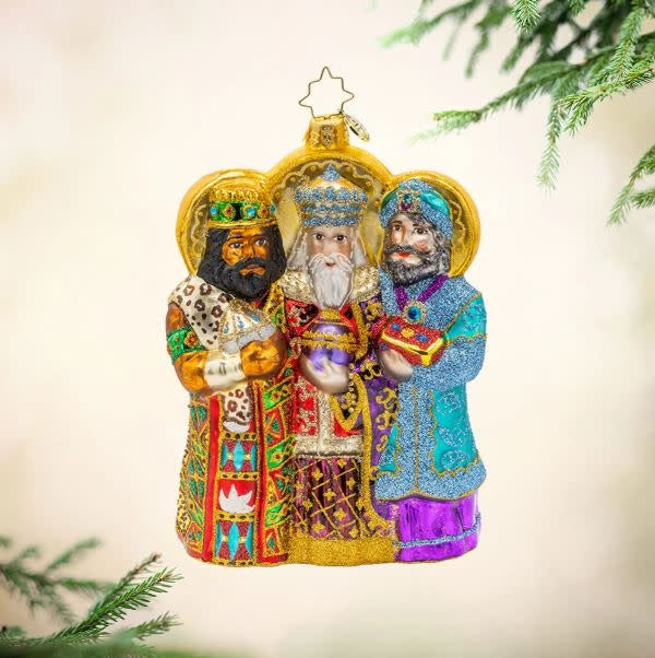 Three Wise Men ornament in gold metallic finish with detailed robes standing on a base.