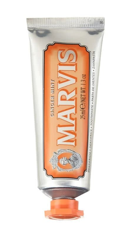 Marvis Ginger Mint toothpaste in a white tube with green accents