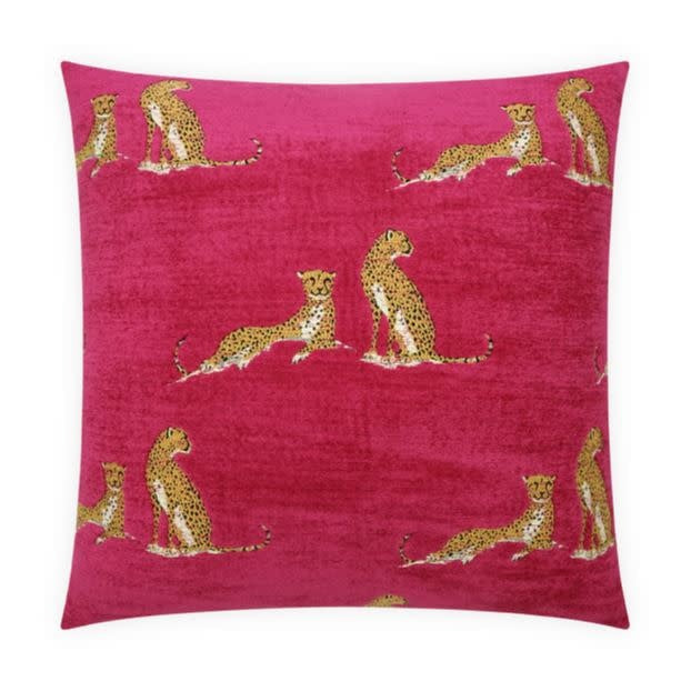 Fuchsia Little Iris pillow with small cheetah embroidery on a viscose front and polyester back.