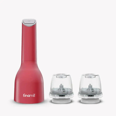 FinaMill spice grinder with Sangria-colored FinaPod Pro Plus attached to the base.