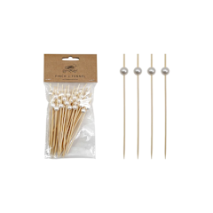 Set of five bamboo picks with white faux pearl handles on natural stems.