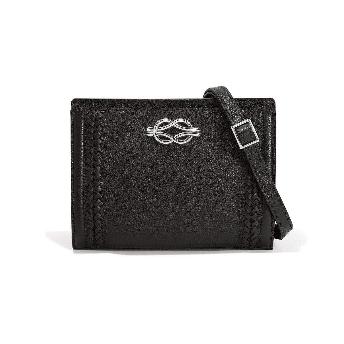 Black leather Findley organizer with herringbone detail, ziptop closure, and exterior pockets.