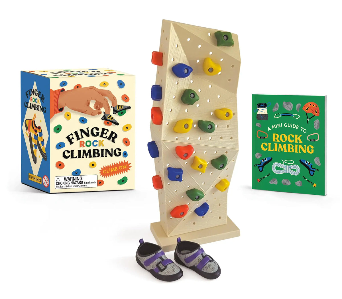 Finger rock climbing kit with a six-inch wall in four colors, twenty holds, and mini shoes.