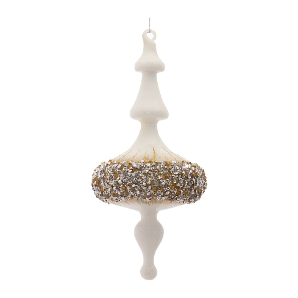 Glass Christmas tree ornament with white and gold tones featuring beaded accents on a traditional drop finial silhouette.