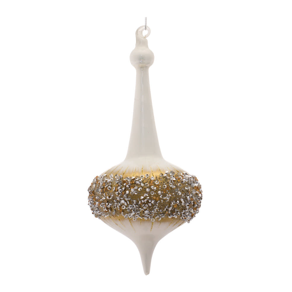 White glass finial drop ornament with gold beaded accents on a string