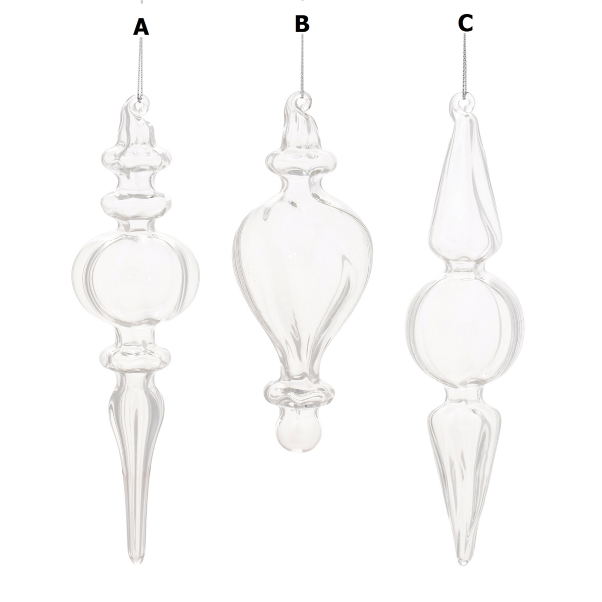 Glass finial ornament with a classic tapered silhouette.