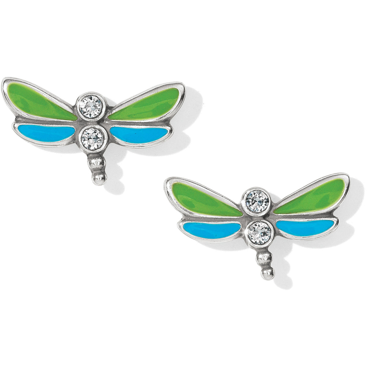 Silver-plated mini post earrings with multi-colored enamel firefly shapes and fine quality crystal accents.