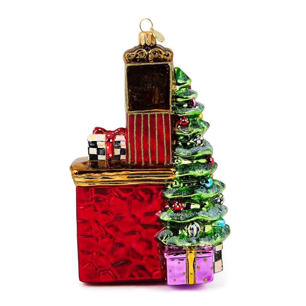 Hand-painted mouth-blown glass fireplace ornament with brass logo charm