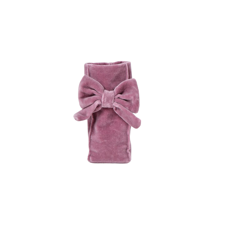 Mauve pink cotton velvet standing eyeglass holder with a large decorative bow accent.