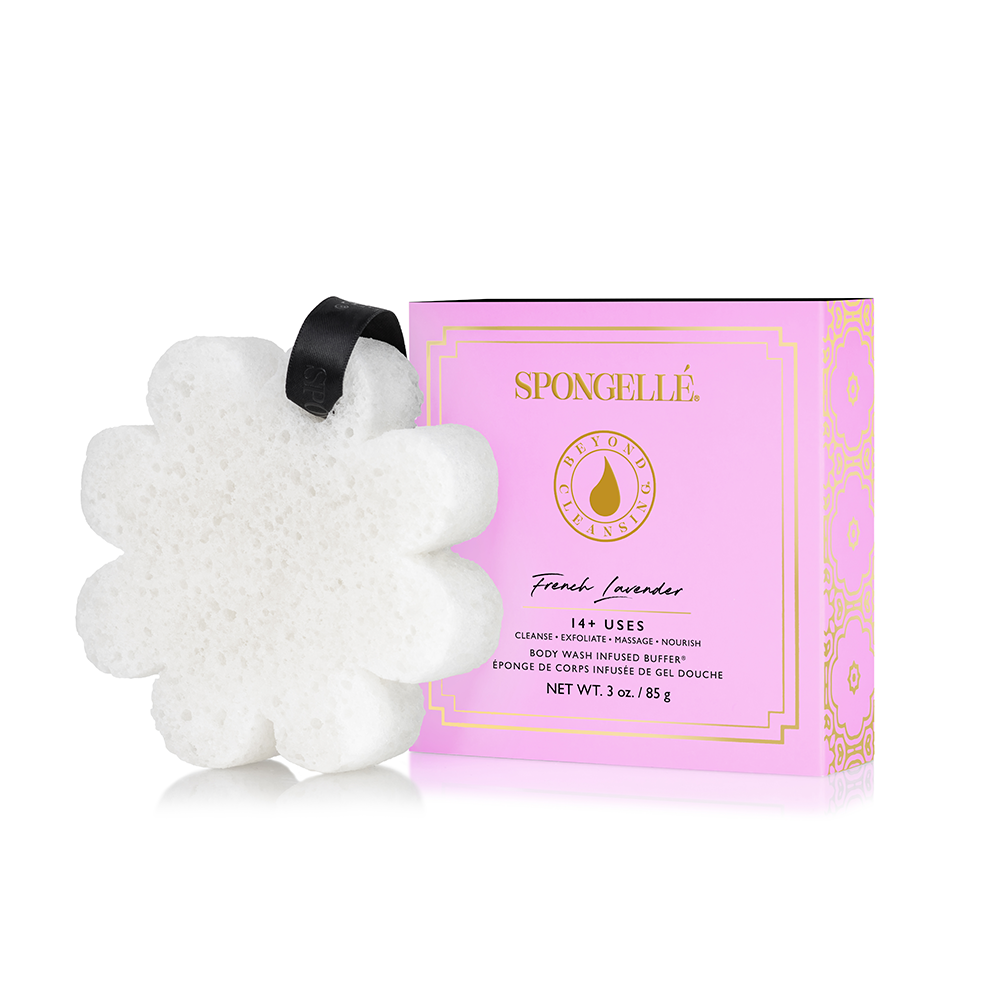 Boxed Flower bath sponge with built-in wash in a chic hanging ribbon design.