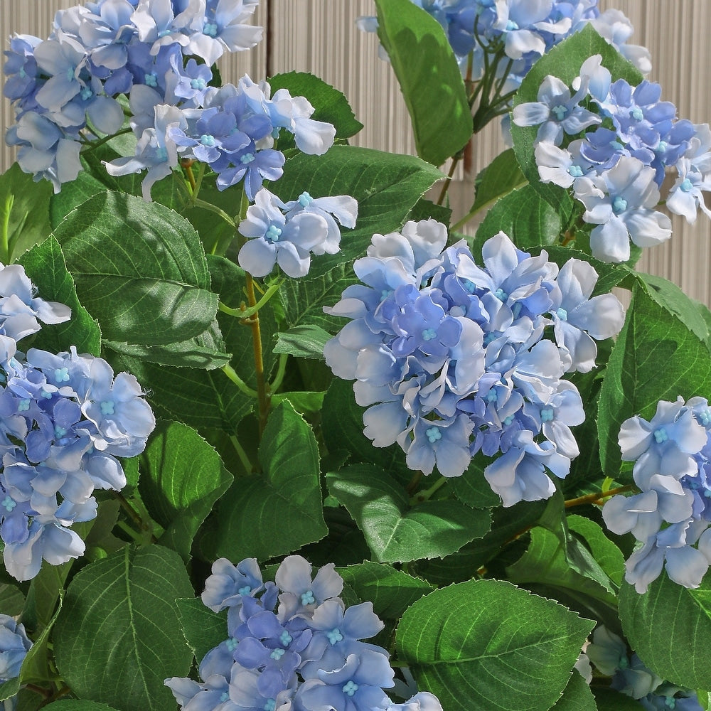 Hanging UV-printed hydrangea plant with green leaves in a circular silhouette.
