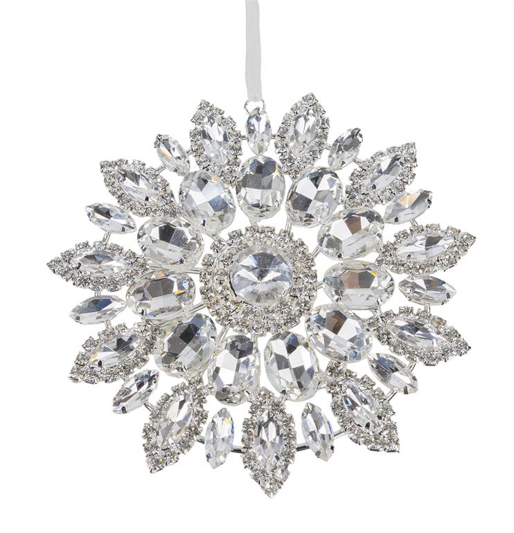 Clear hanging jewel ornament with a faceted crystal-like sphere on a thin wire loop.