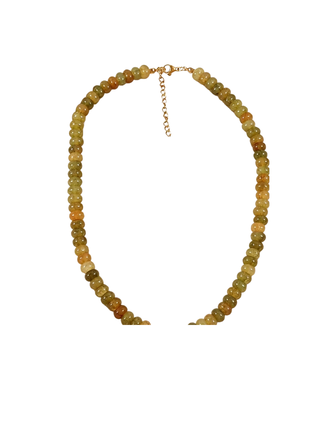 Glass beaded necklace with small, glossy beads in earthy green and amber tones on a gold chain.
