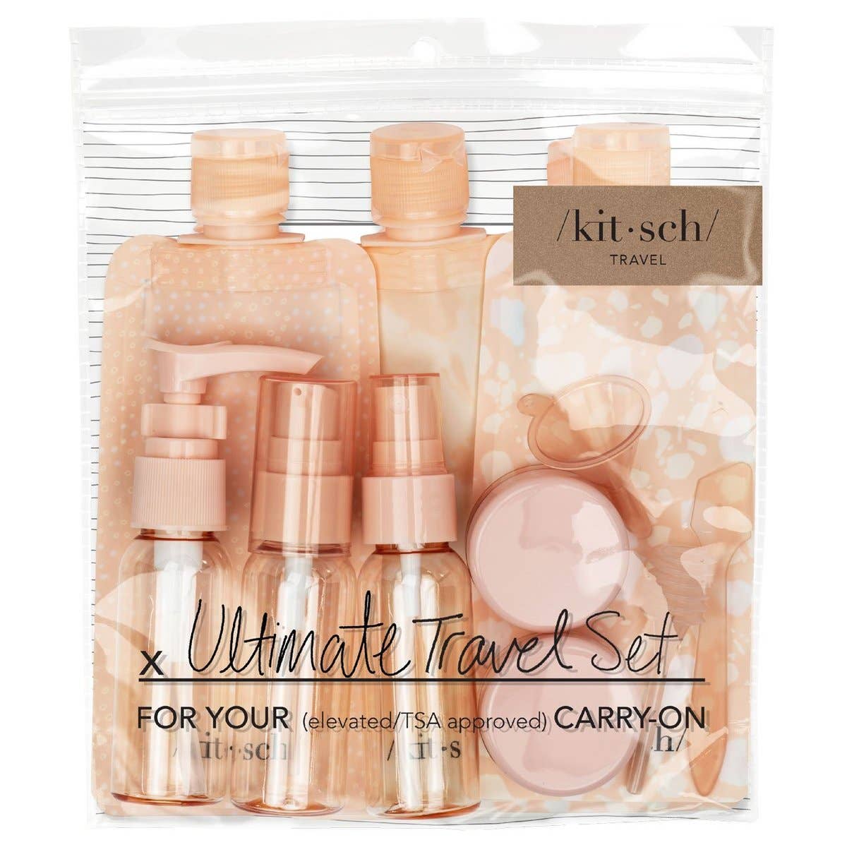 Refillable Ultimate Travel set with spray bottles, pump bottles, jars, pouches, funnel, spatula, and pipette in clear plastic.