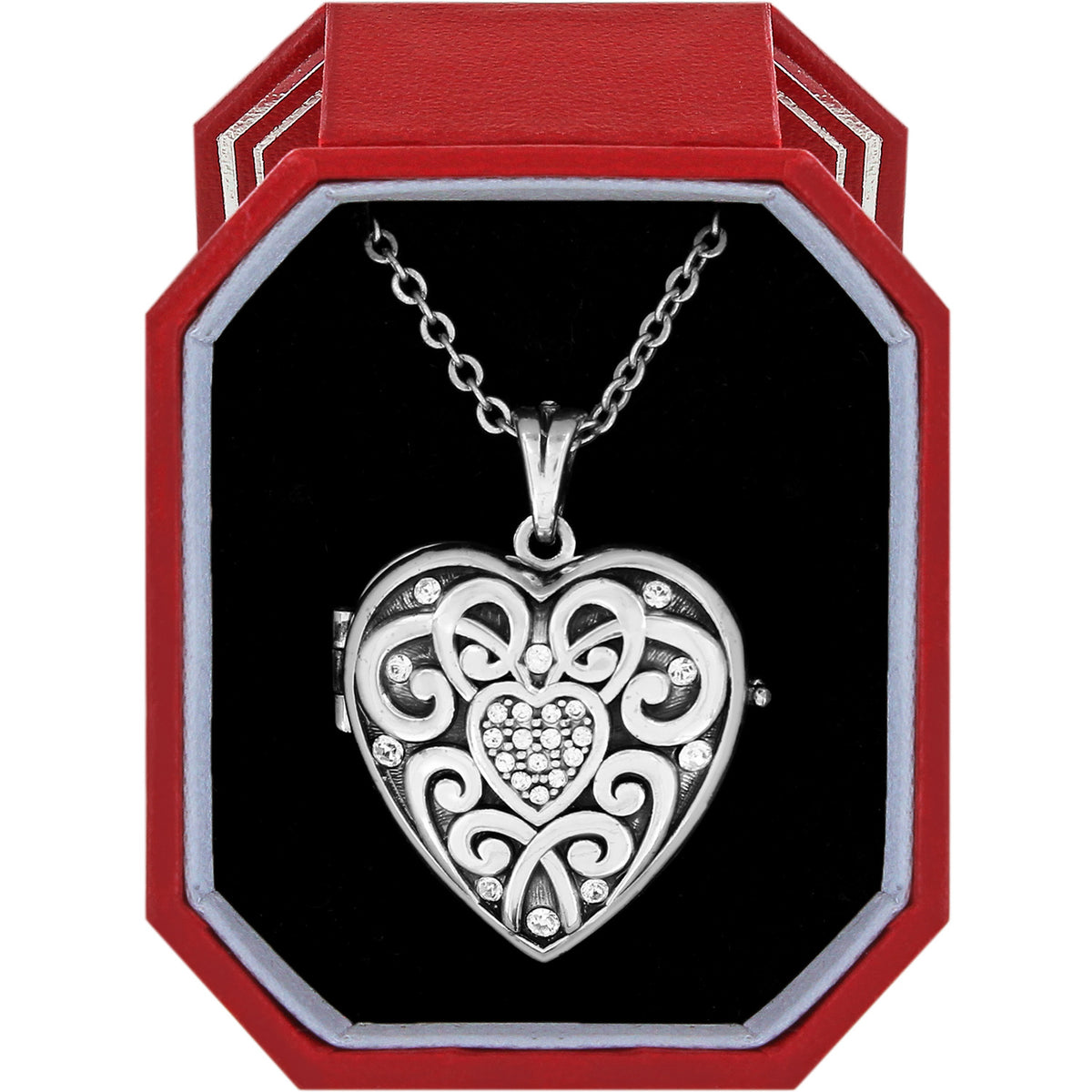 Silver plated adjustable locket necklace with crystal finish holding two photos in a Brighton gift box