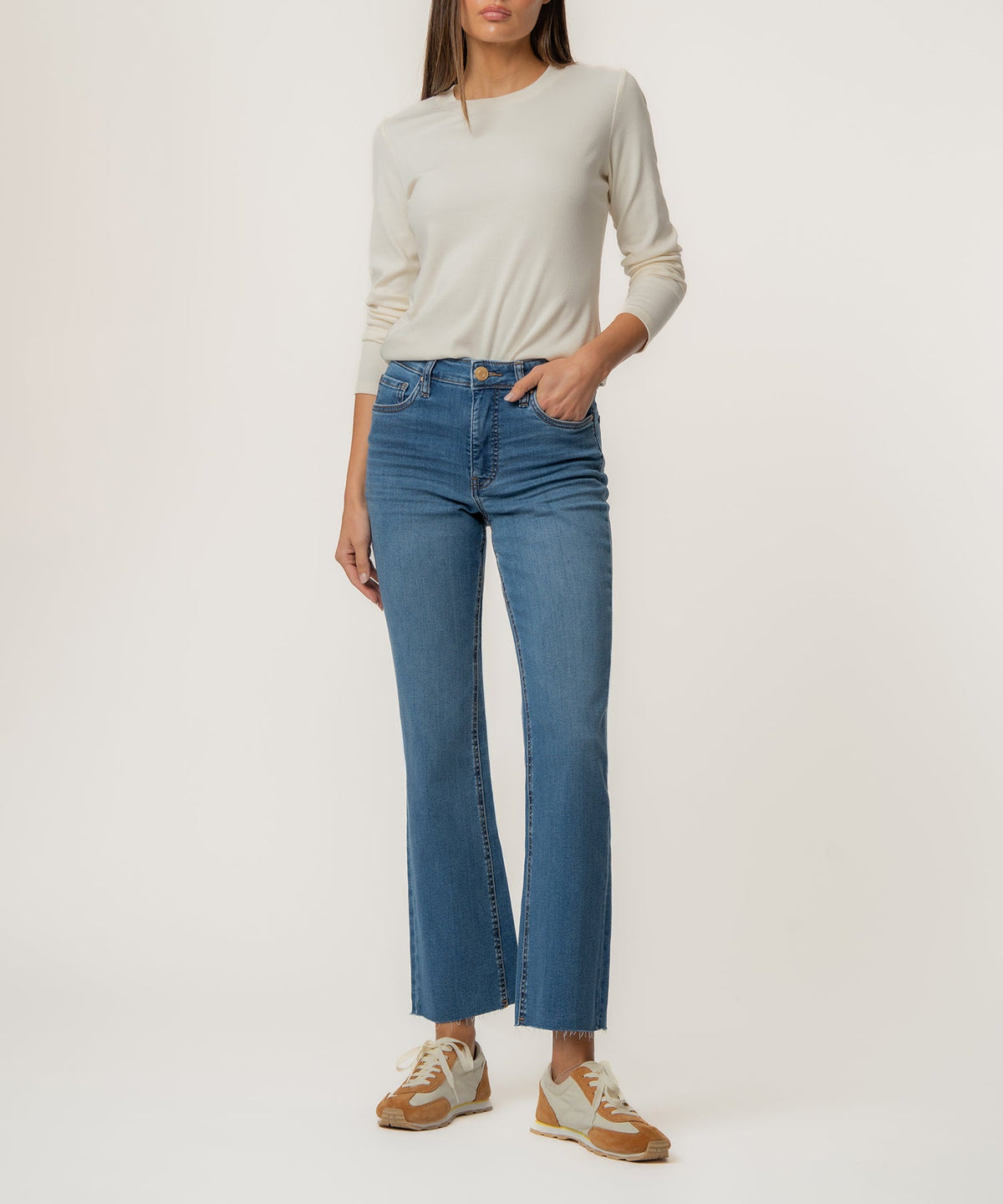 Kelsey high-rise flare jeans in dark wash denim with a wide leg opening.