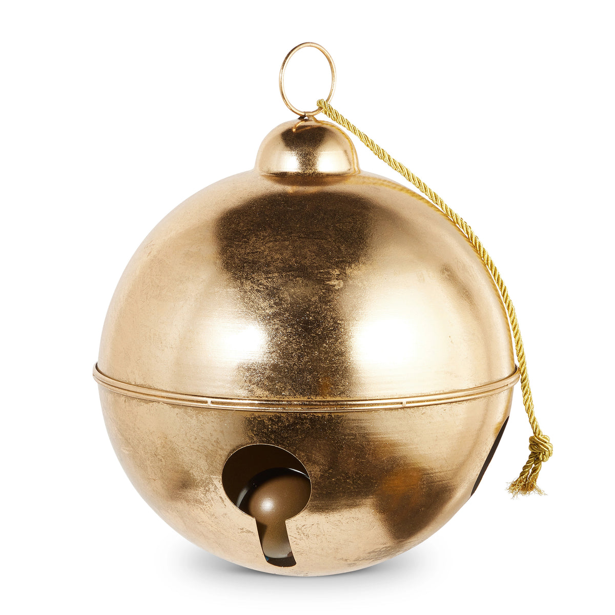 Large round gold metal jingle bell ornament with a gold hanging cord.