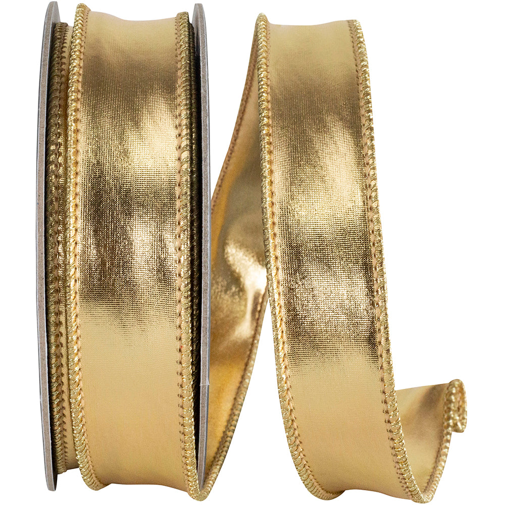 1 inch gold mirror fantasy metallic deluxe two-sided wired edge ribbon on a spool.
