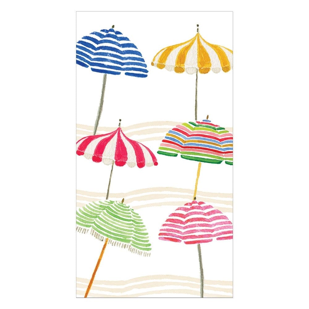 Beach umbrellas guest towel with colorful stripes and patterns on a wavy background.