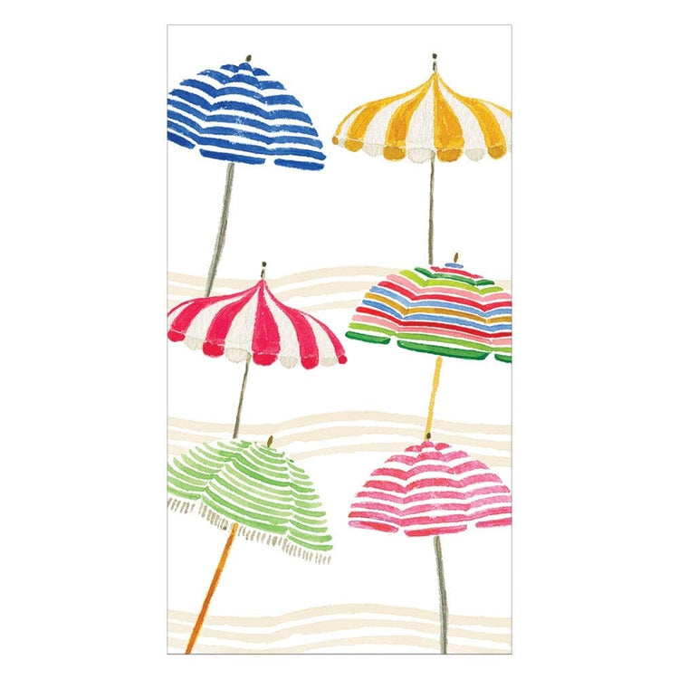 Beach umbrellas guest towel with colorful stripes and patterns on a wavy background.