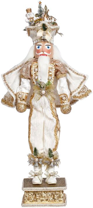 21.5-inch white and gold Merry Christmas nutcracker with ornate hat and cape on a pedestal.