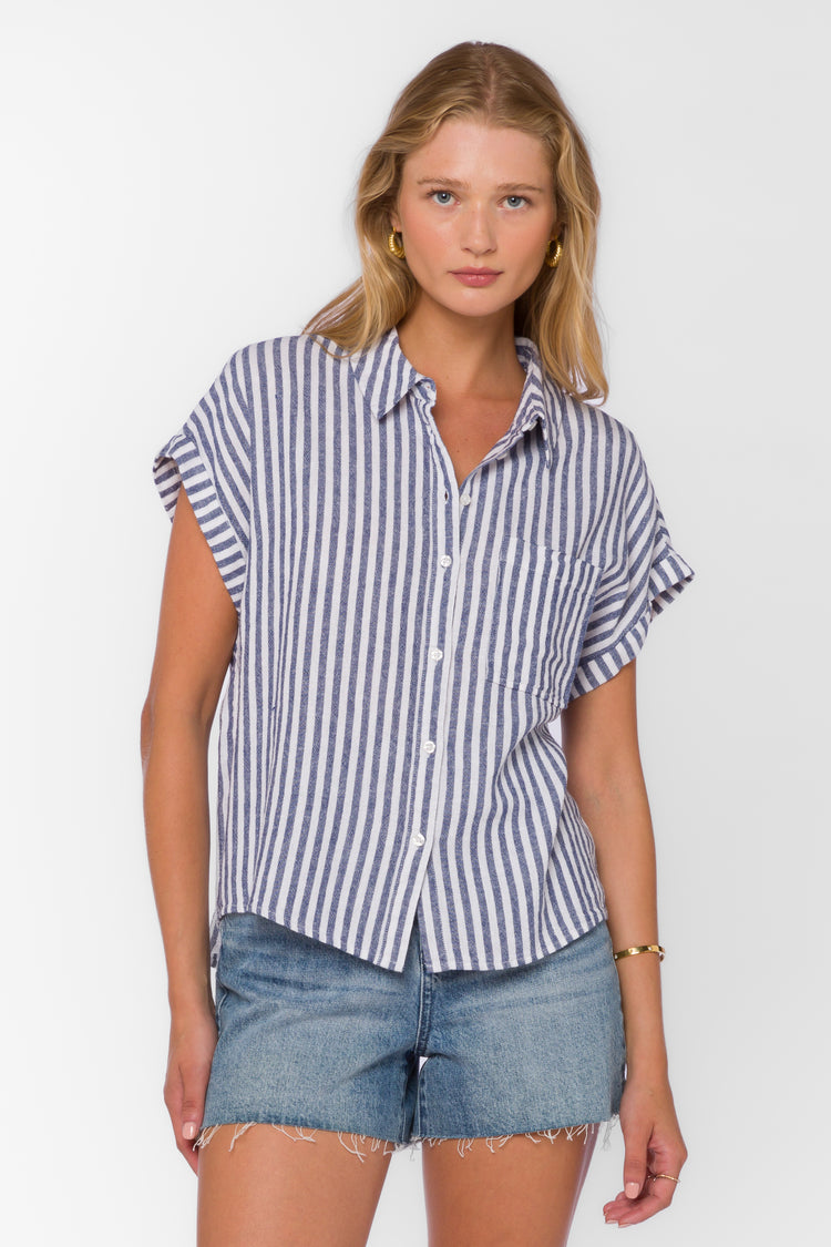 Kirsty striped linen-blend top with collar, chest pocket, cuffed sleeves in light neutral tone.