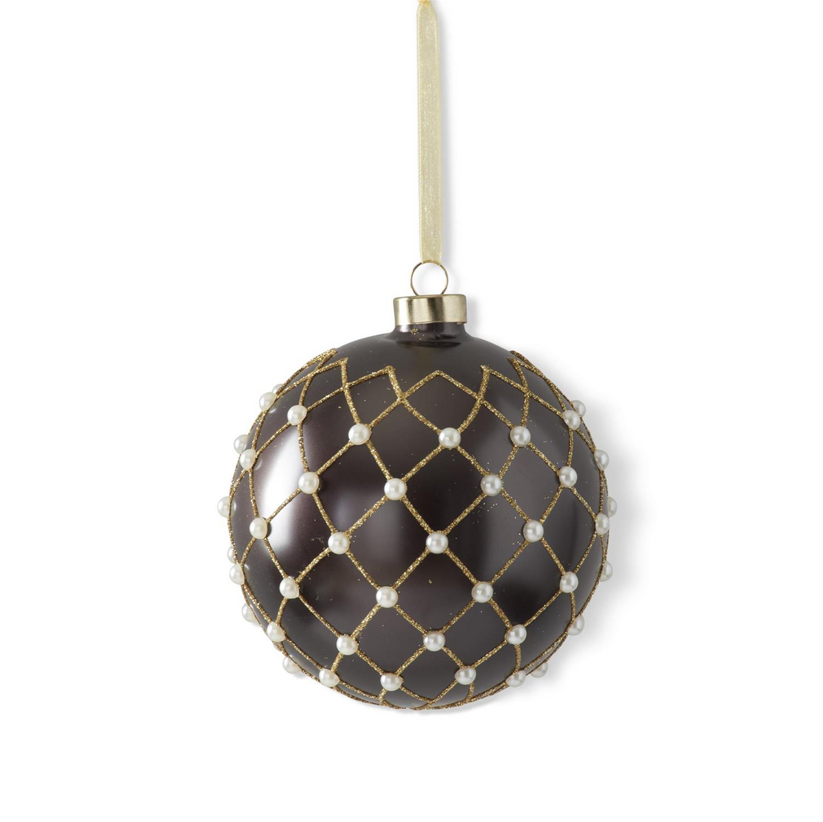 4.75 inch brown glass ornament with a gold glitter diamond grid and pearl embellishments.